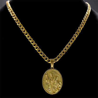 St.Christopher Protect Us Medal Men'S Necklace Saint Christopher Stainless Steel Gold Plated Religious Necklaces Jewelry NZZ467