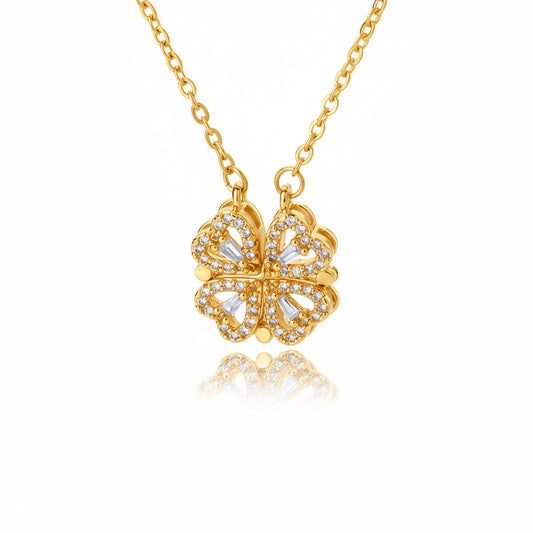 Folding Heart Shaped Four Leaf Clover Pendant Necklace