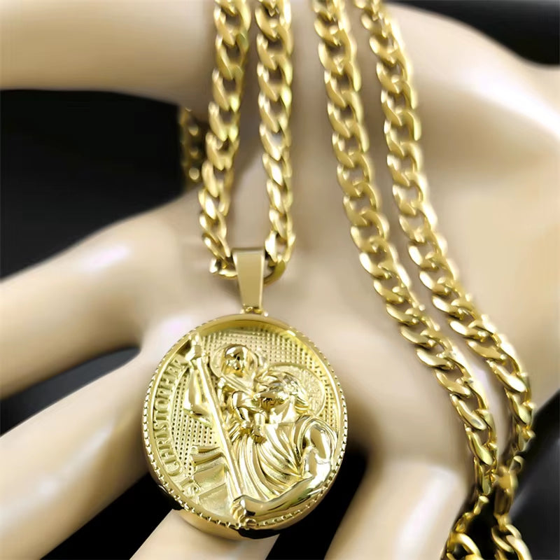 St.Christopher Protect Us Medal Men'S Necklace Saint Christopher Stainless Steel Gold Plated Religious Necklaces Jewelry NZZ467